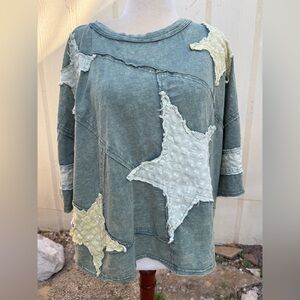 Oil & Hali Faded Distressed Short Sleeve Star Pieced Tee Top Boho Grunge